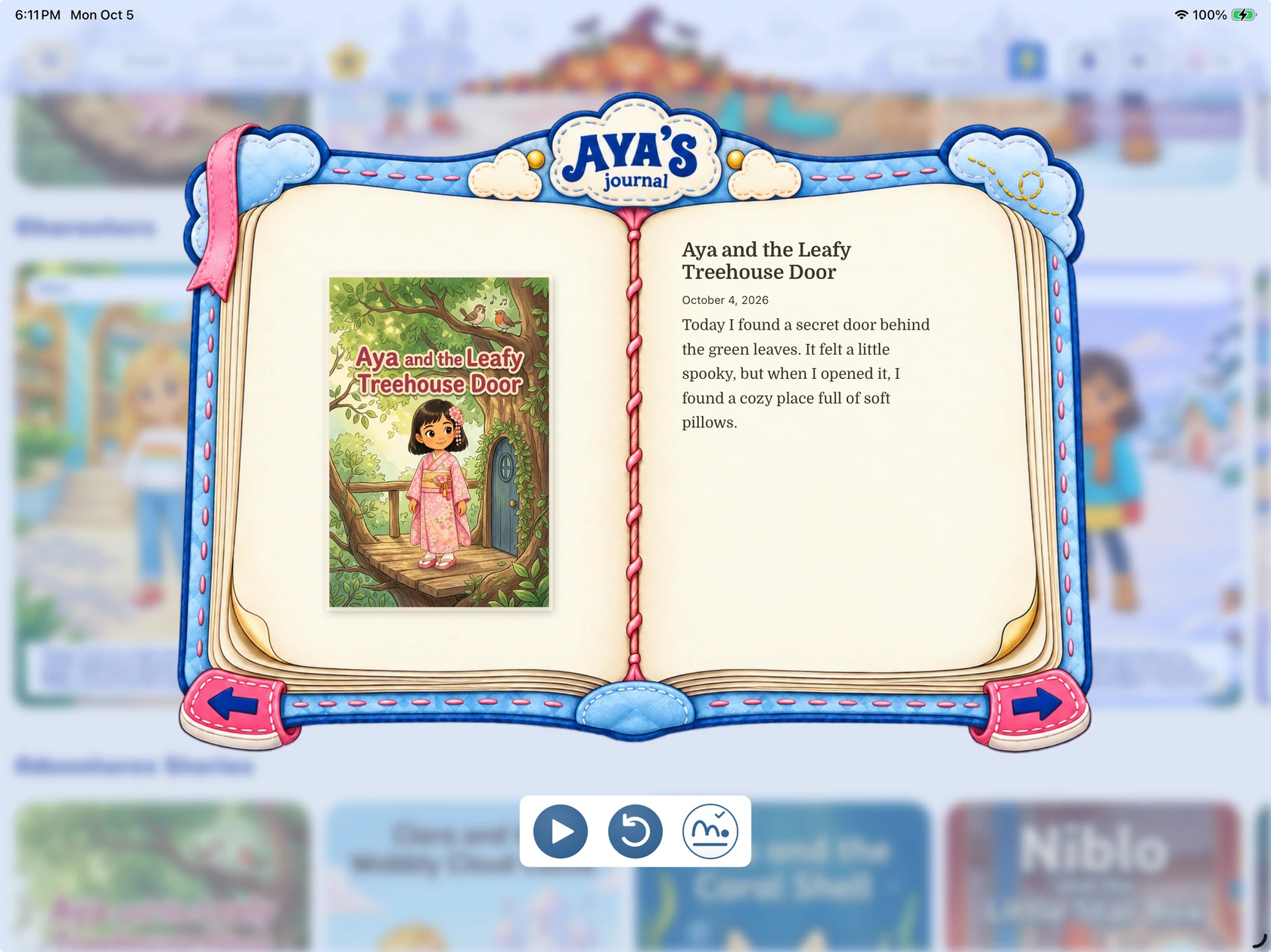 Aya’s character journal with a story cover and journal entry on iPad.