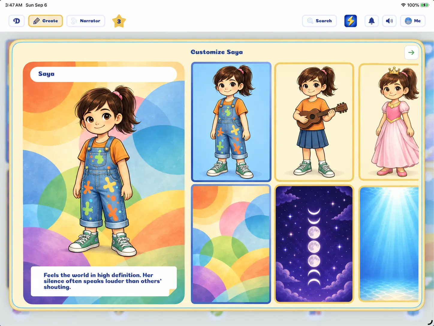 Characters who grow with them: Dreambook’s iPad screen
