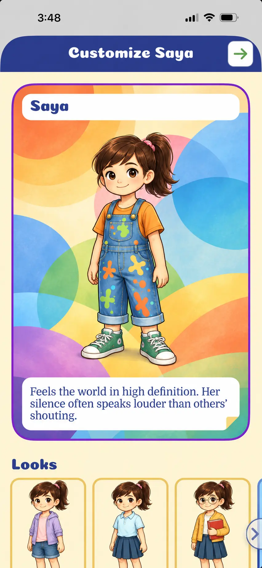 Characters who grow with them: Dreambook’s iPhone screen