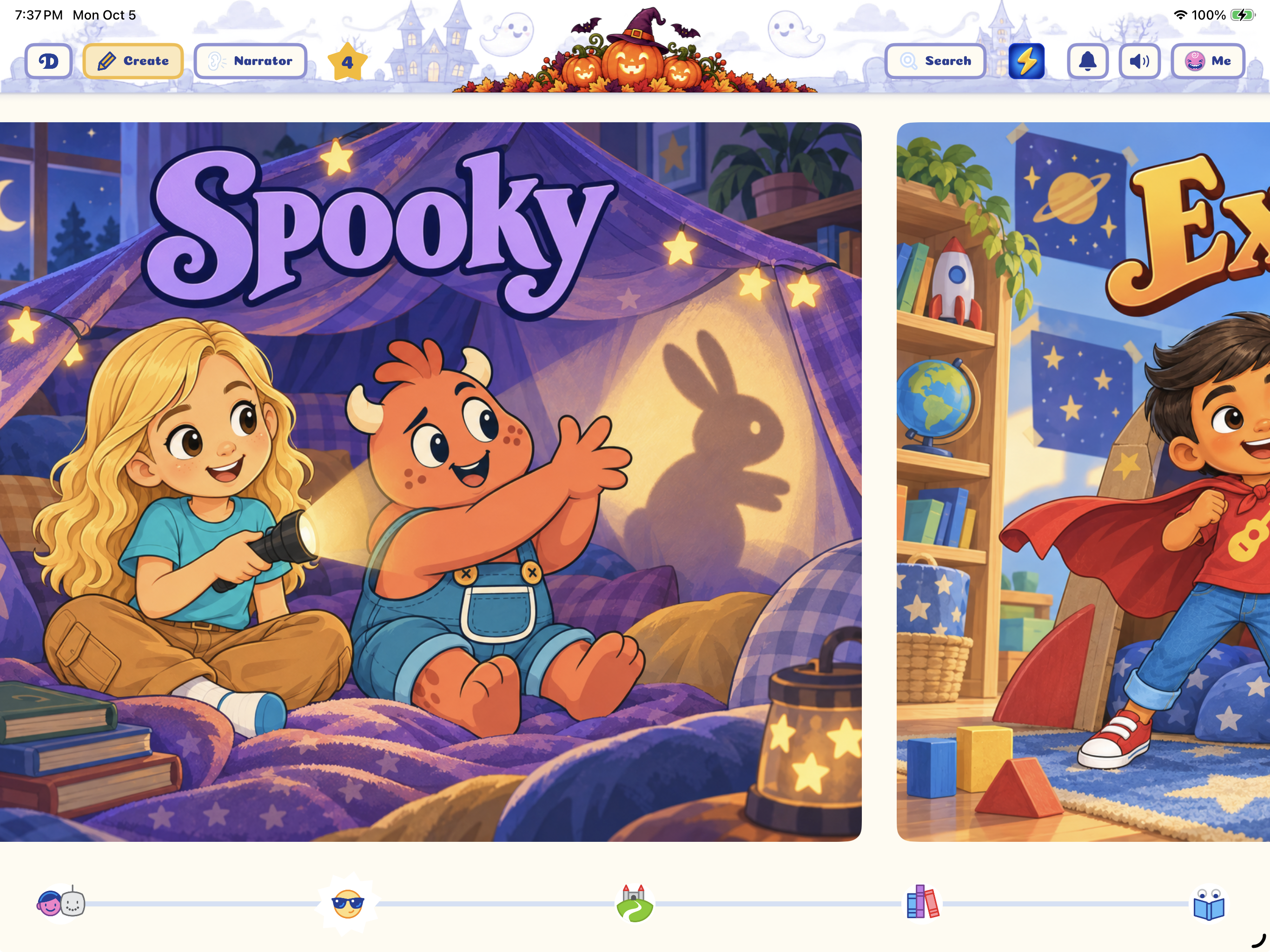 DreambookのiPad向け物語の雰囲気選択画面。Spookyや冒険などの選択肢が表示されています。