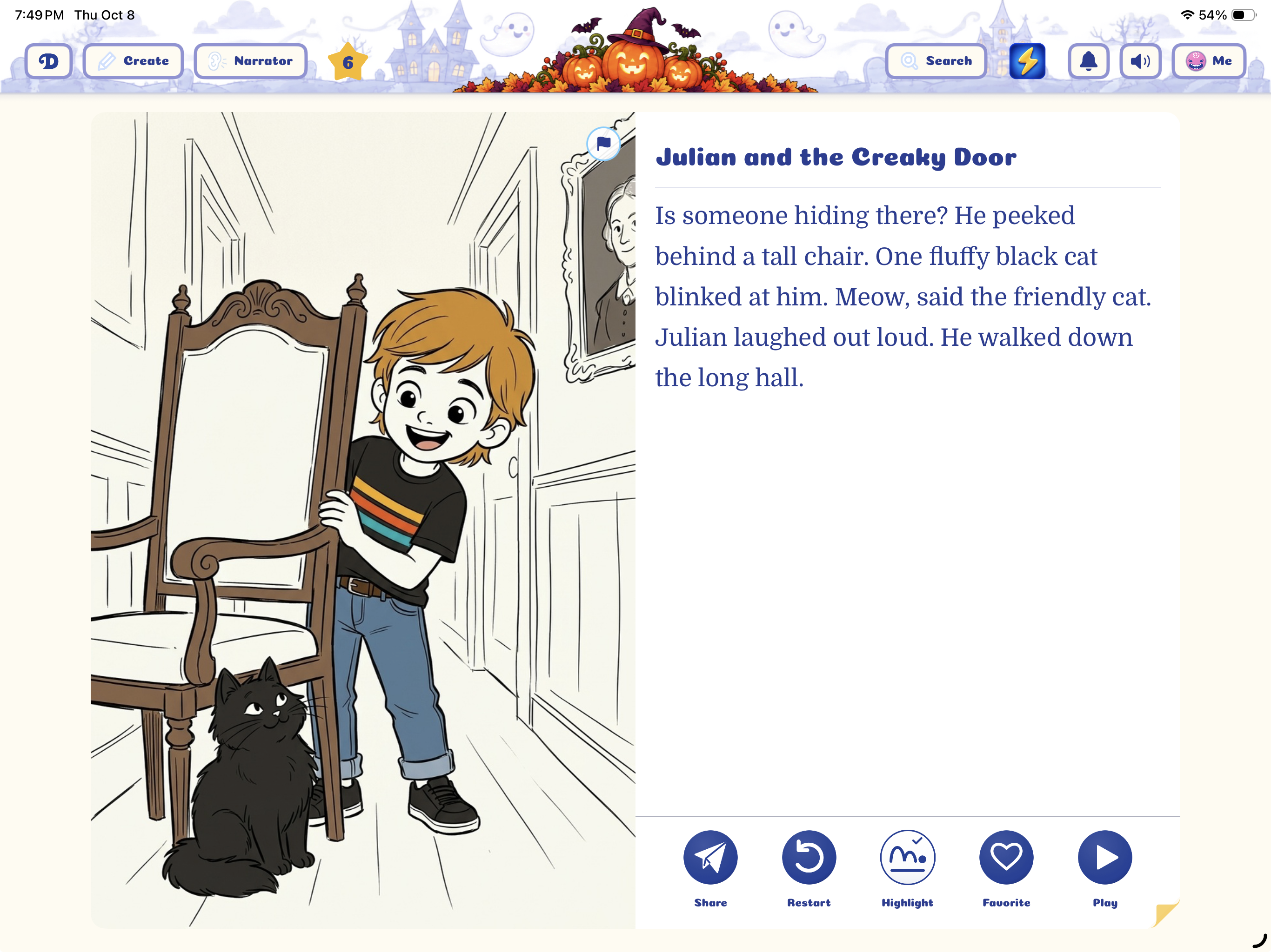 iPadリーダーに表示された『Julian and the Creaky Door』。大きな本文の下にハイライトの操作があります。