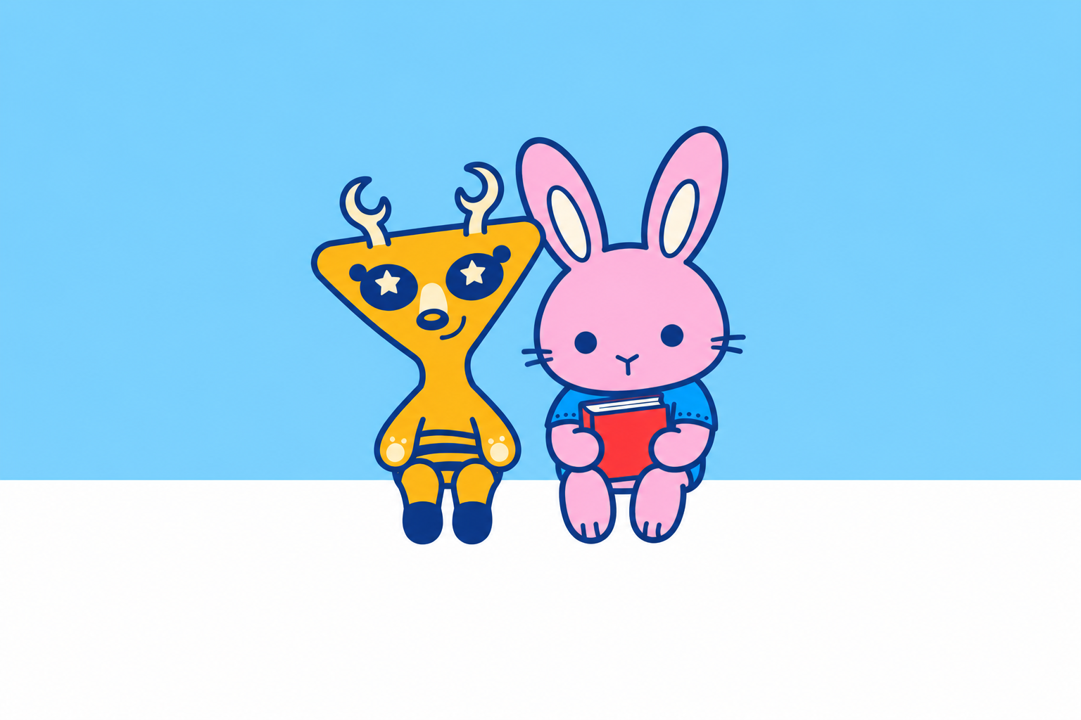 Deery and Dreambook’s pink bunny sitting together at the edge of the page