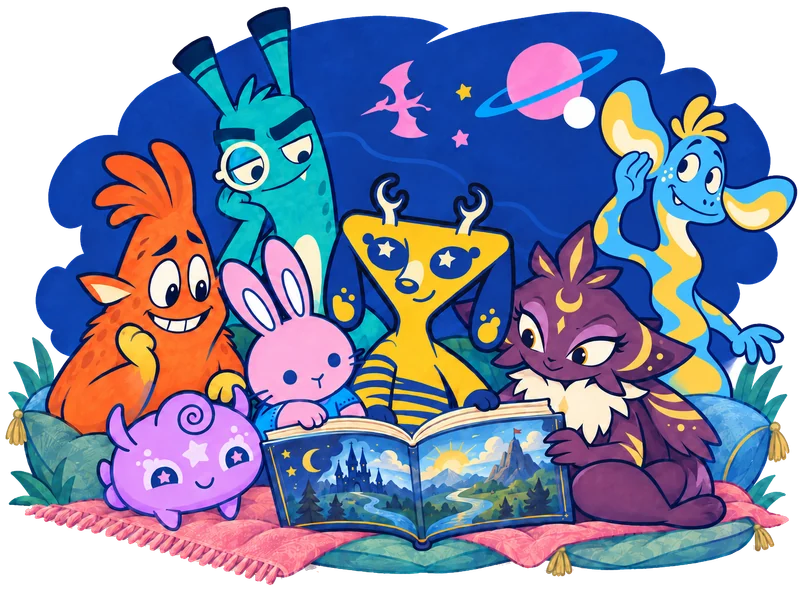 Deery, Bunny y su pequeño amigo morado se reúnen con Charles, Andrew, Jennifer y Devon alrededor de un libro de cuentos abierto.