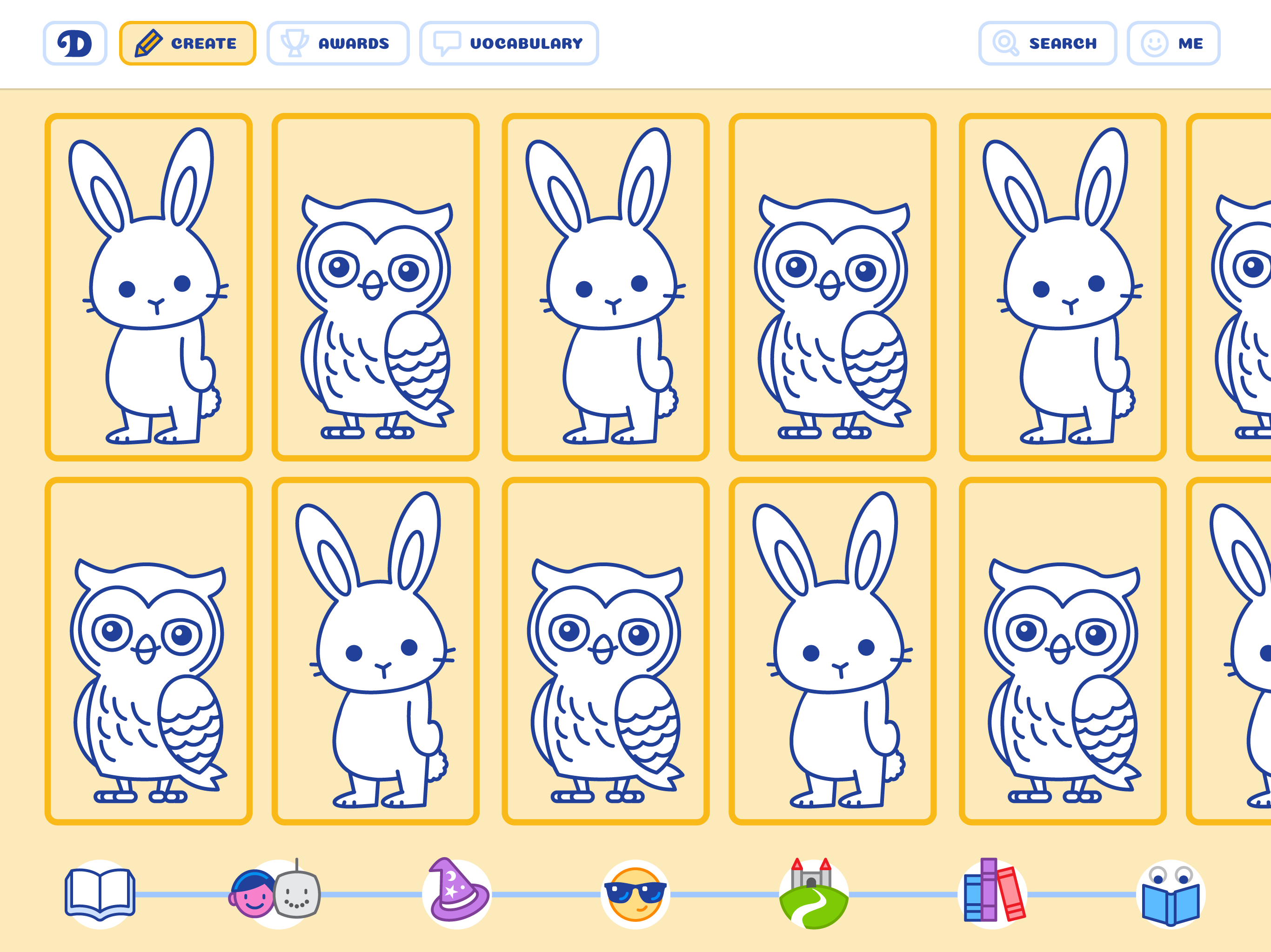 Blue outline bunny and owl characters from a 2025 layout study.