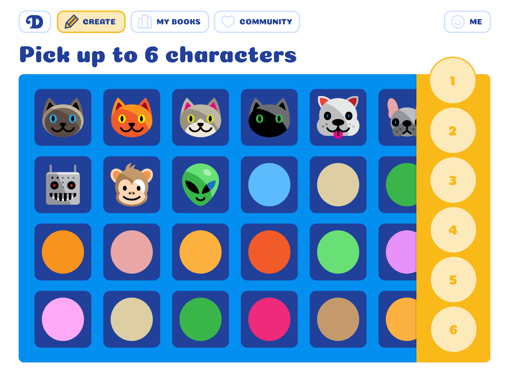 A detail from the early character picker: simple cat and dog icons.