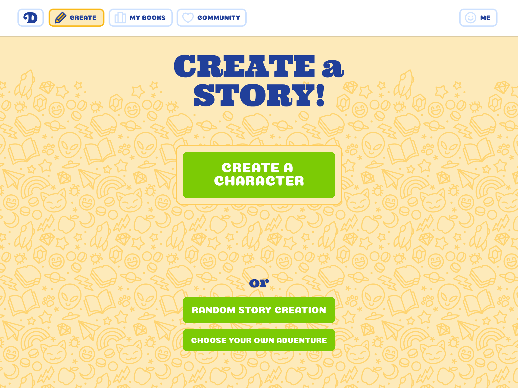An early 2025 creation screen with a yellow doodle background and an invitation to create a story.