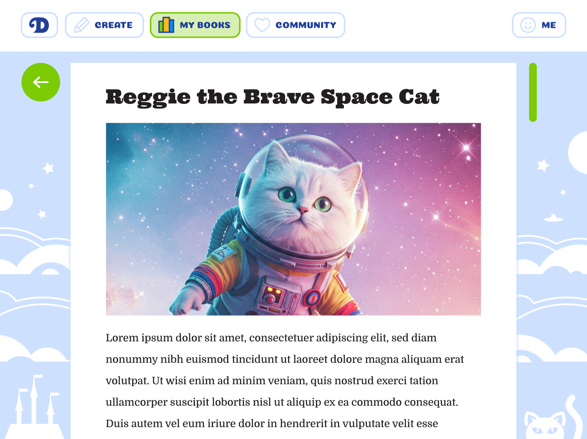 A 2025 reading concept with Reggie the space cat and placeholder text.