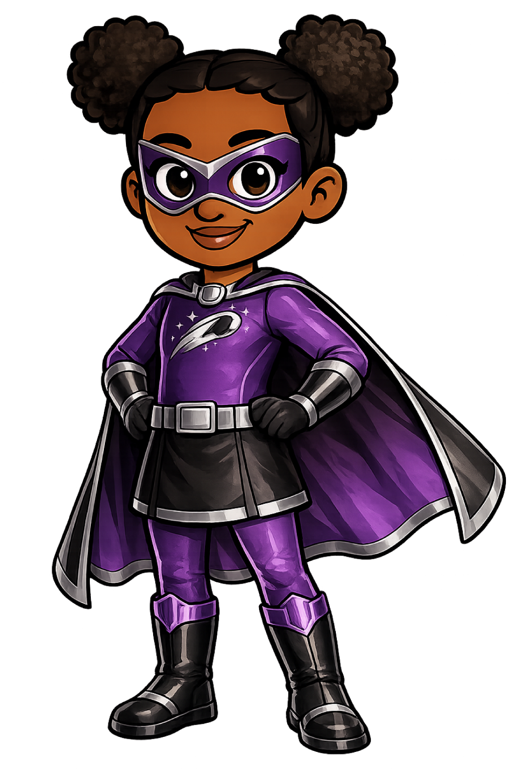 Naomi in her purple superhero outfit, with a silver-trimmed mask, cape and boots.