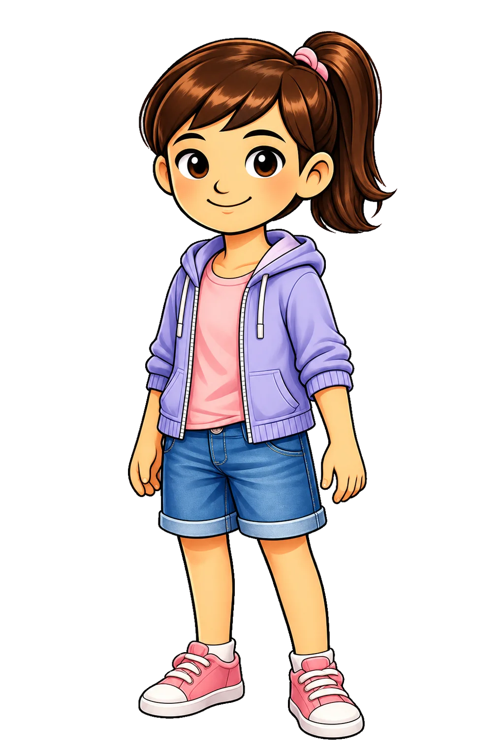 Saya de DreamBook, con su chaqueta lavanda y sus zapatillas rosas.
